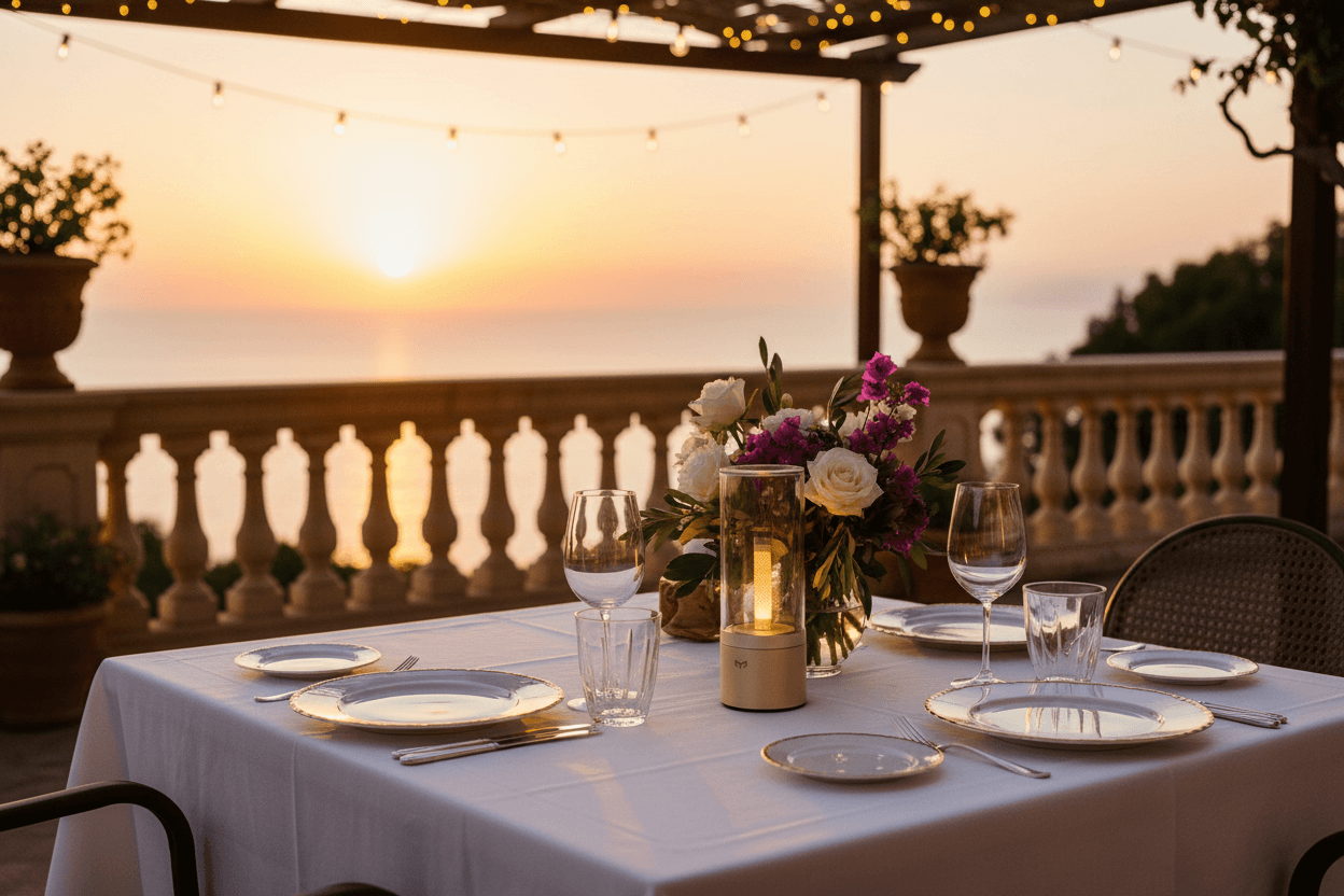 Pair of Rechargeable LED Candle Lights Providing Romantic Ambient Lighting on a Restaurant Dinner Table