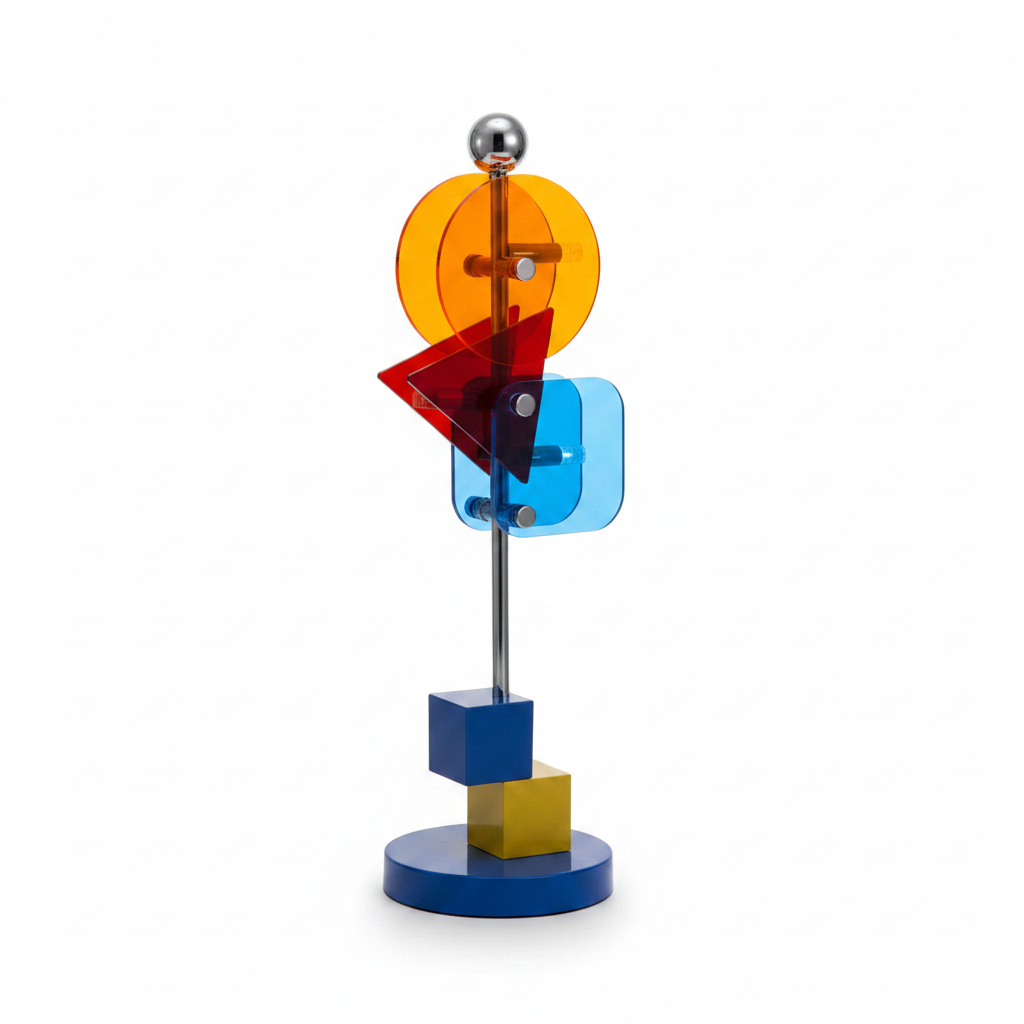 `Memphis Designer Table Lamp with geometric acrylic shapes – orange circle, red triangle, blue square panels on chrome rod with cobalt blue base`