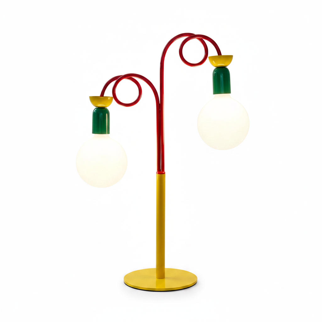 `Memphis style double-head table lamp with yellow base, red swirl arms, green sockets and frosted globe bulbs on white background`