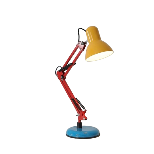 `Memphis style articulated long-arm desk lamp with blue base, red folding arm and yellow bell shade on white background`