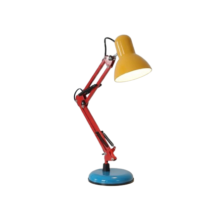 `Memphis style articulated long-arm desk lamp with blue base, red folding arm and yellow bell shade on white background`