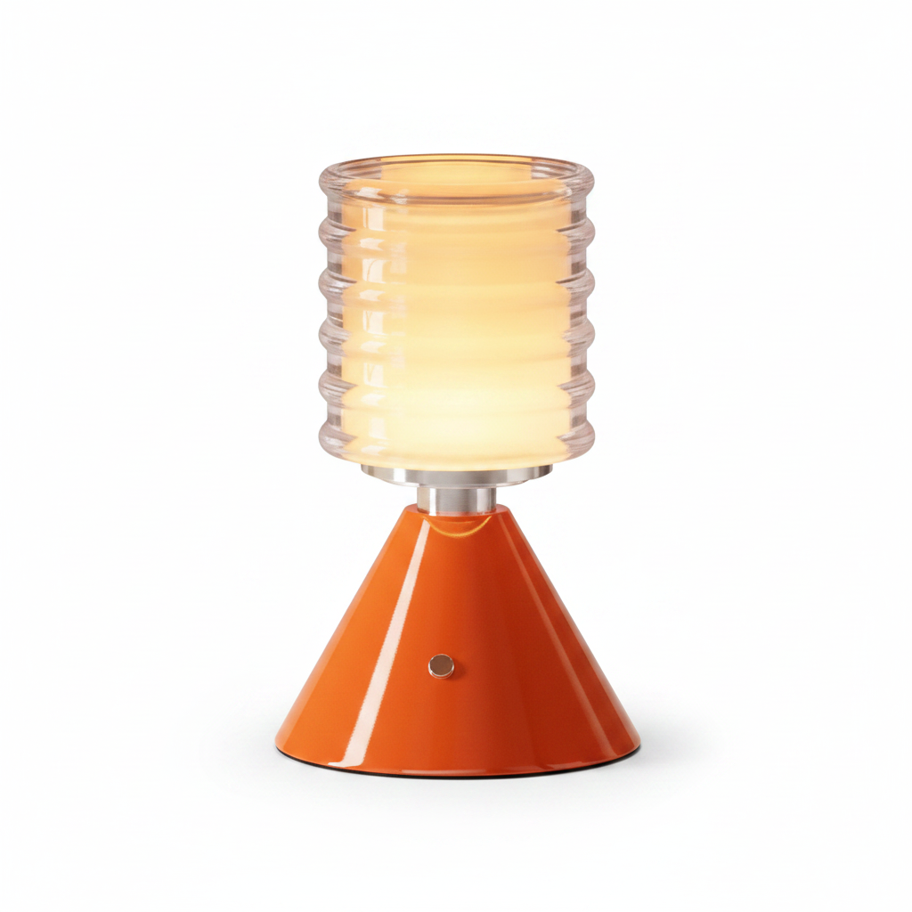 `Minimalist rechargeable ambient lamp with ribbed glass shade and orange cone base on white background`