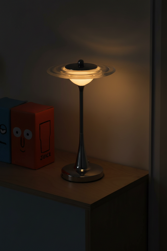 Modern UFO Cordless Table Lamp - Chrome Metal Rechargeable Night Light with 3 Color Modes