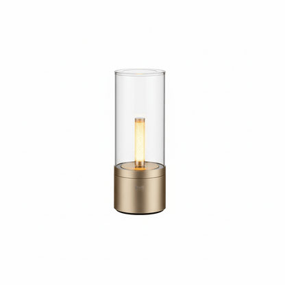Rechargeable LED Candle Atmosphere Lamp with Metallic Base and Brass Wick - Close-up View