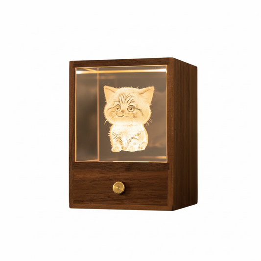 3D Crystal Cat Night Light – Wooden Touch Lamp Gift Box