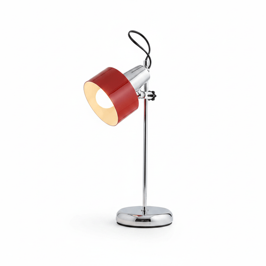 `Retro Bauhaus adjustable desk lamp with red cylindrical shade, gold interior, chrome arm and round base`