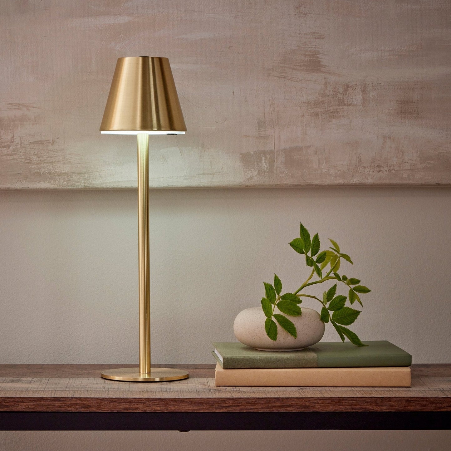 Eye-friendly LED bedside lamp with gold base and shade