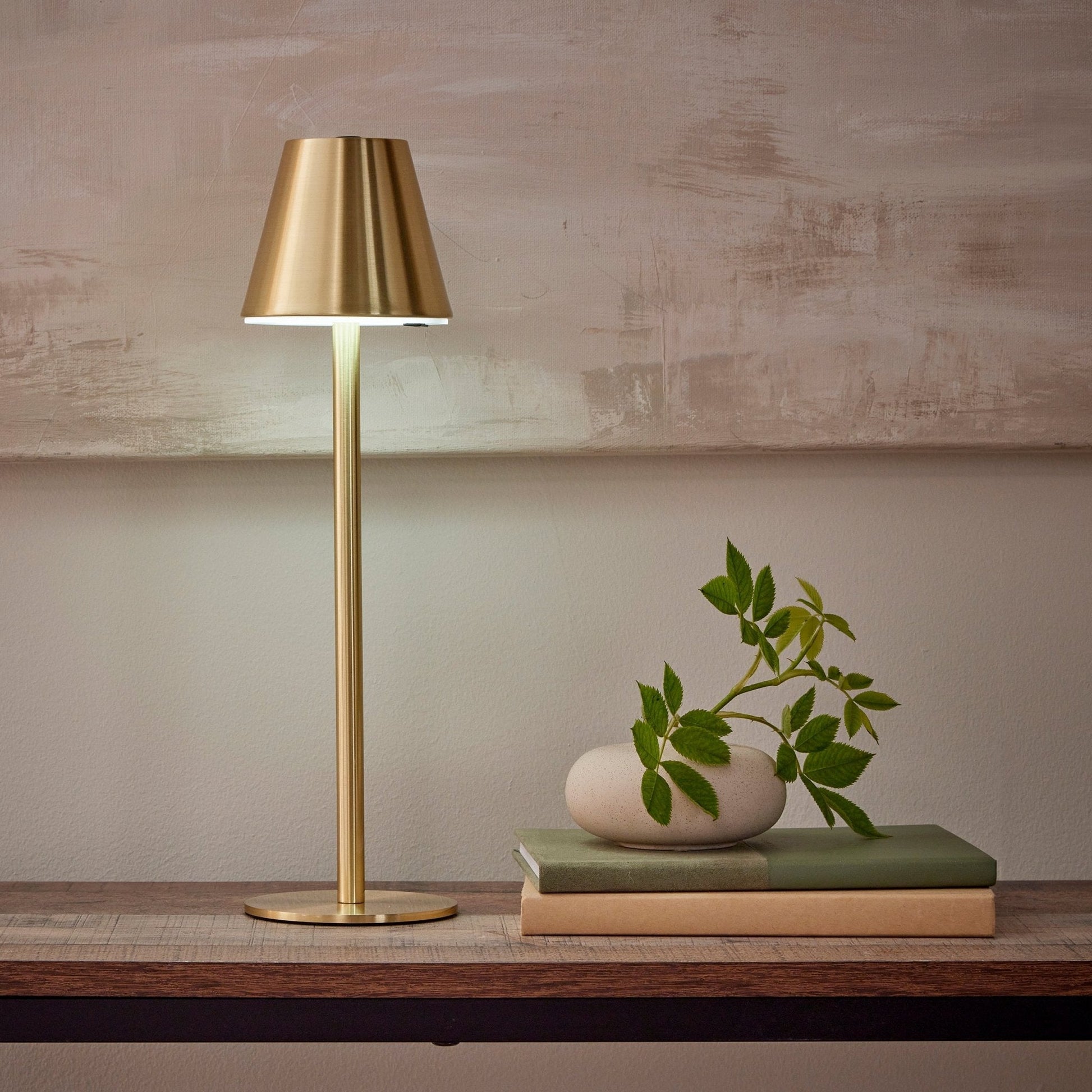 Eye-friendly LED bedside lamp with gold base and shade