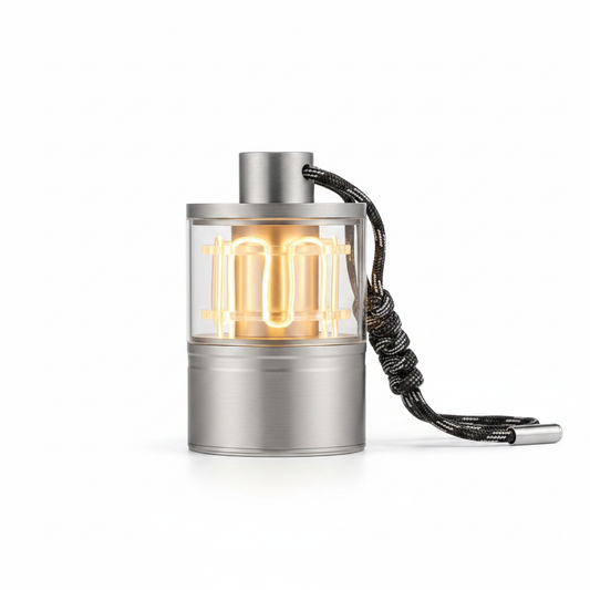 `Silver cylindrical portable lamp with warm amber LED filament glow and black braided lanyard on white background`