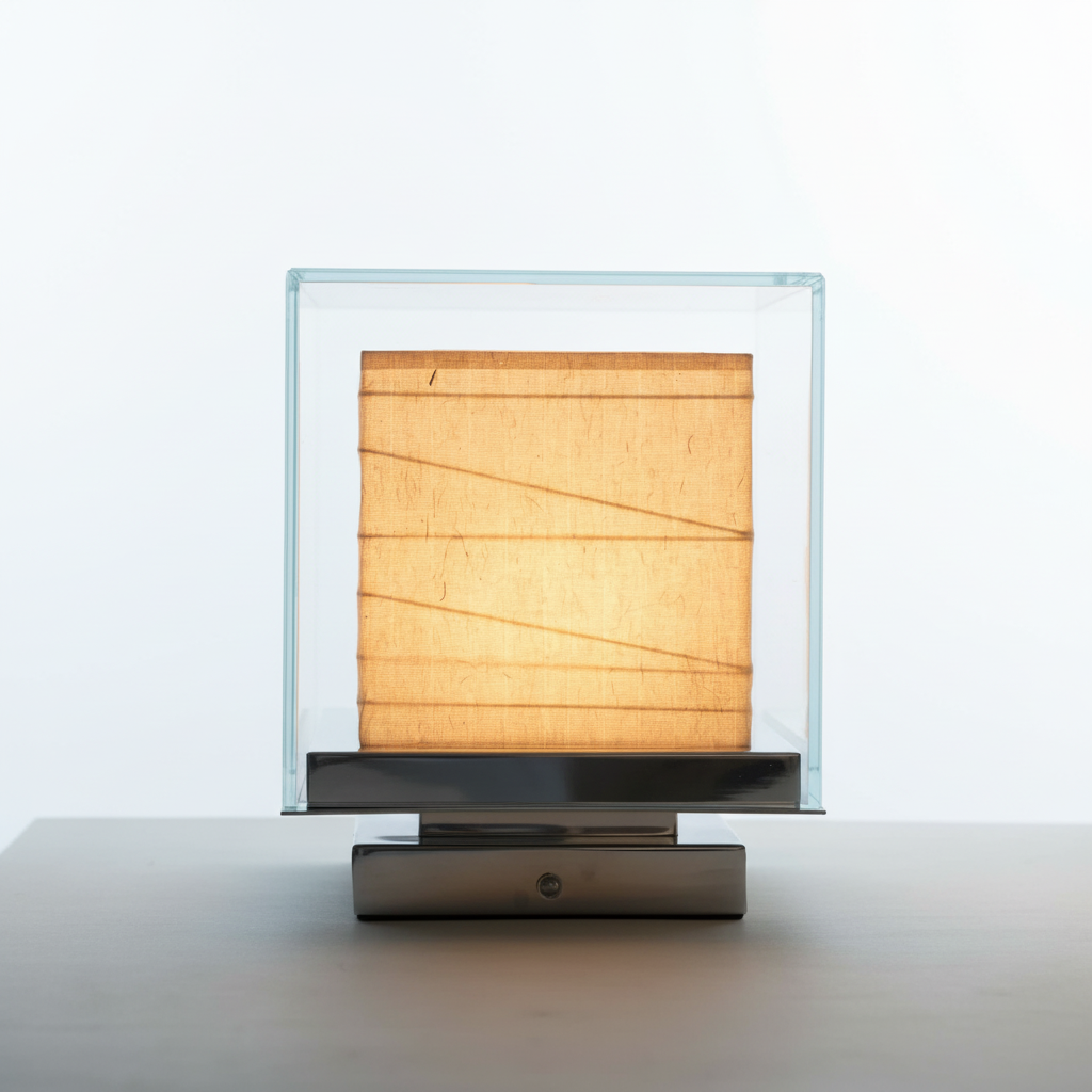 `Lumiosa™ Tokyo Designer Touch Lamp – Japanese rice paper shade in glass cube enclosure with brushed metal base, warm ambient glow, minimalist aesthetic room decor`