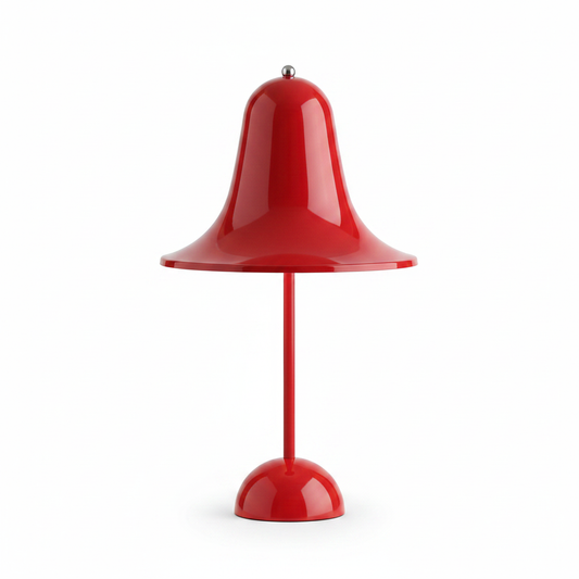 Glossy red Nordic bell table lamp with flared shade, slim stem and round dome base on white background