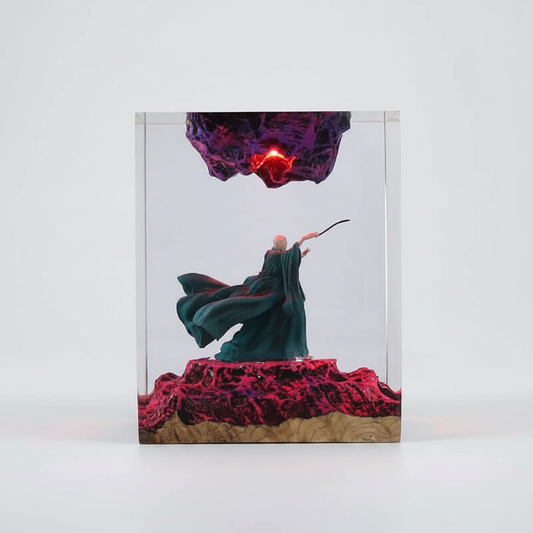 `Voldemort casting spell inside glowing resin cube lamp with red lava base and purple dark matter orb on white background`