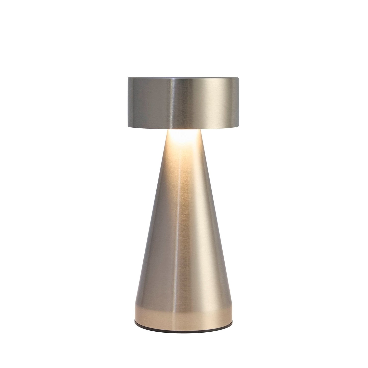 Lumiosa Mini LED rechargeable wireless lamp with brushed gold finish and sleek cone design for stylish home lighting.