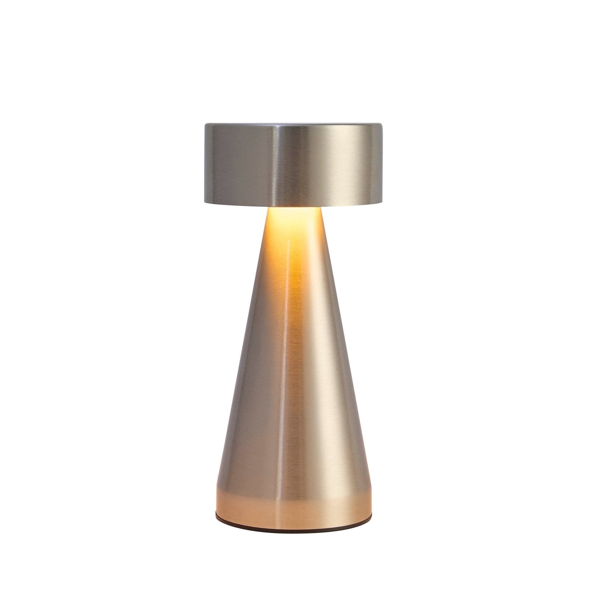 Sleek Lumiosa mini LED rechargeable wireless lamp with brushed gold finish, perfect for stylish lighting in any space.